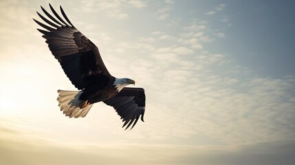 Fototapeta na wymiar a bald eagle soaring through the air with the sun in the background. generative ai