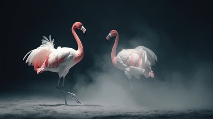 Fototapeta na wymiar two flamingos are standing in the dust on a dark background. generative ai
