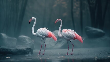  two flamingos standing in the water in a dark forest.  generative ai