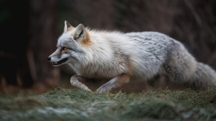 Naklejka na ściany i meble a white fox running through the grass in a forest area. generative ai