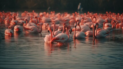  a large group of flamingos in a body of water.  generative ai