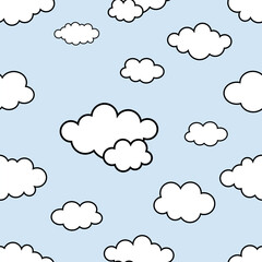 Vector Flat Style Clouds Seamless Pattern on Blue Background. Clouds collection flat style. Printable Repeatable Cartoon Clouds Texture. Outline Style Clouds illustrations.