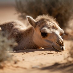  a close up of a camel laying in the sand near a bush.  generative ai