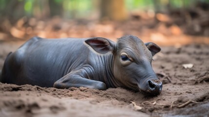  a baby cow is laying in the mud in the woods.  generative ai
