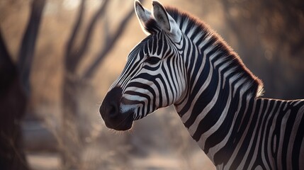 Fototapeta na wymiar a close up of a zebra in a field near trees. generative ai