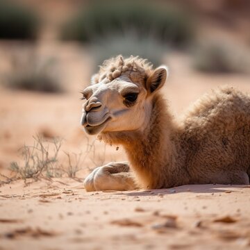  a camel laying down in the sand in a desert area.  generative ai