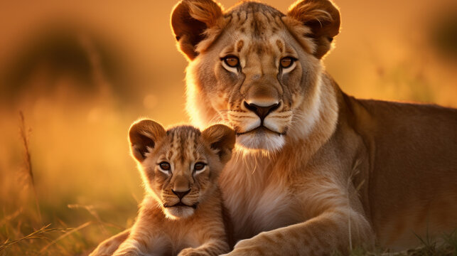 mother and cub lion. protection and maternal instinct