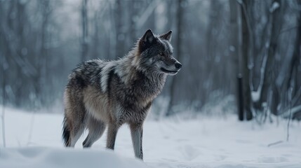  a lone wolf standing in the snow in a wooded area.  generative ai
