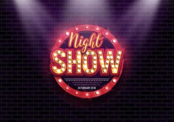 Night Show. Retro neon sign on brick wall background illuminated by spotlights. Vector illustration.
