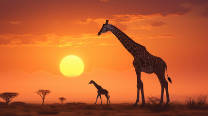 Fototapeta na wymiar giraffes on Savannah landscape at sunset in Africa
