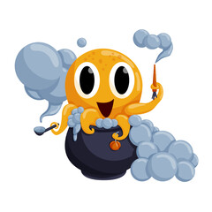 Halloween octopus cooks soup in a cauldron. Yellow octopus cartoon character. Cute vector octopus isolated on white background. Octopus icon. Animal illustration for children book illustrating.