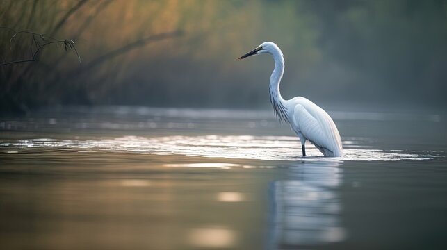  a large white bird standing in the water near a tree.  generative ai