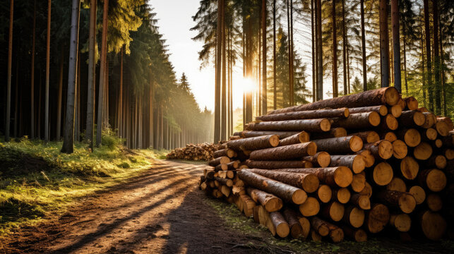 landscape in nature with path and tree trunk logs. woodpile and deforestation