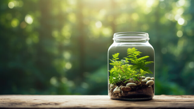 plants in glass jar. ecology, environment and nature care and conservation