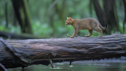  a cat walking on a log over a body of water.  generative ai