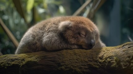  a sleeping koala is resting on a mossy rock.  generative ai
