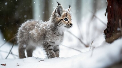  a small kitten walking through the snow in a wooded area.  generative ai