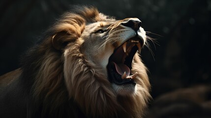  a close up of a lion roaring with its mouth open.  generative ai