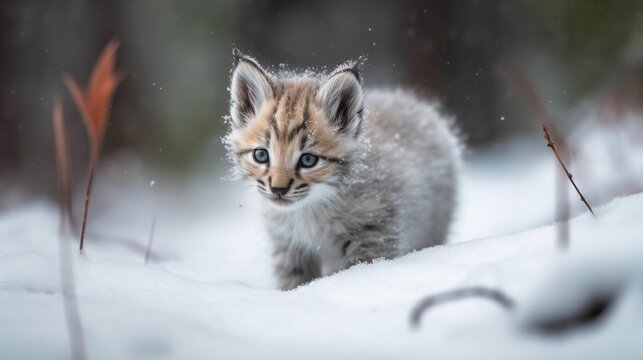  a small kitten walking through a snow covered field with tall grass.  generative ai