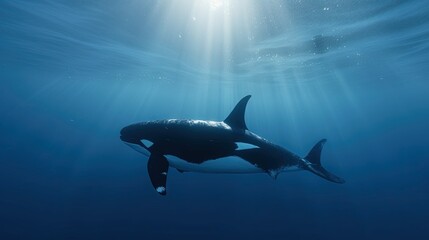  an orca swimming in the ocean with sunlight shining through the water.  generative ai