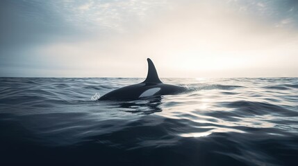  an orca swimming in the ocean with the sun shining through the clouds.  generative ai