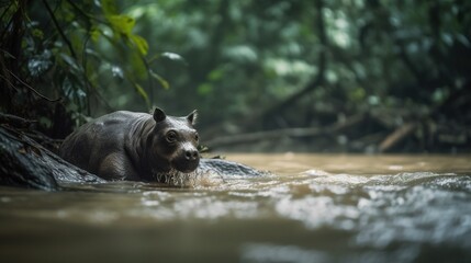  a hippopotamus in a river with trees in the background.  generative ai
