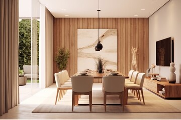 A Dining Room with Sleek Furniture, Contemporary Art, and a Chic Color Palette.