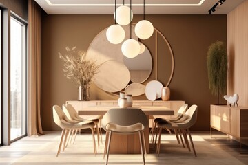 3D Render of a Modern Dining Room with State-of-the-Art Furniture and Chic Centerpieces.