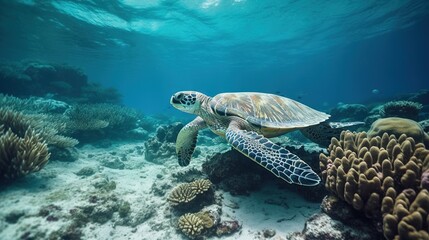 Obraz na płótnie Canvas a turtle swimming over a coral reef in the ocean,. generative ai