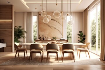 3D Render of a Spacious, Open-Concept Dining Room with Contemporary Furniture and Elegant Lighting