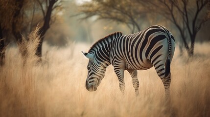 Fototapeta na wymiar a zebra is standing in a field of tall brown grass. generative ai