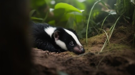  a black and white animal laying on top of a dirt field.  generative ai