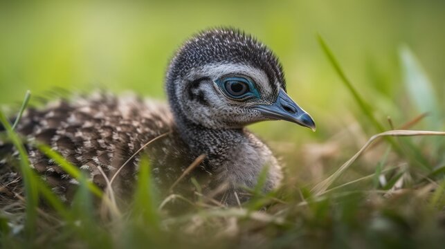  a small bird with a blue eye sitting in the grass.  generative ai