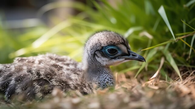  a baby bird with a blue eye laying in the grass.  generative ai