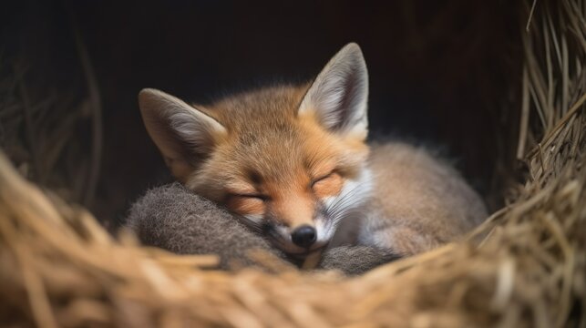  a baby fox sleeping in a nest with its eyes closed.  generative ai
