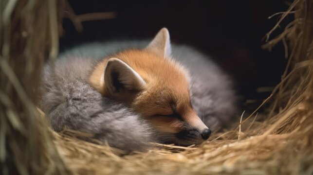  a baby fox curled up in a hay nest with its head resting on its paws.  generative ai