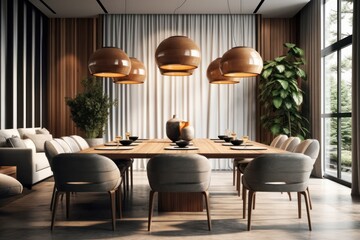 A Luxurious Dining Room with a Wooden Table, contemporary Decor, and Elegant Lighting