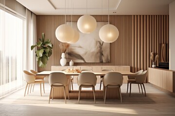 Stylish dining room of modern house. interior design 3d render illustration