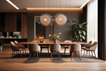 Fototapeta premium Stylish dining room of modern house. interior design 3d render