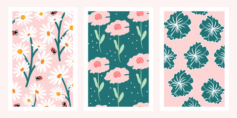 Cute trendy hand drawn botanical poster set with flowers in modern style, pink and green pastel colors