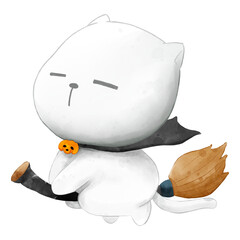 Fototapeta premium White cat riding a broomstick on Halloween