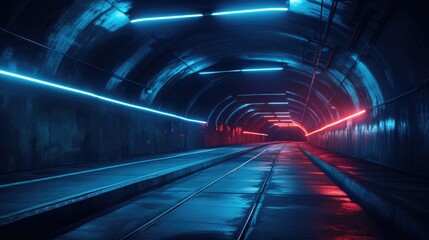 Abstract empty concrete tunnel interior perspective  with blue red neon lights, AI generated image