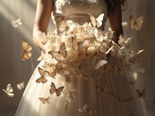 Close up photo of woman hands holding an elegant bridal bouquet with real flowers and decorated with silk butterflies. Generative AI
