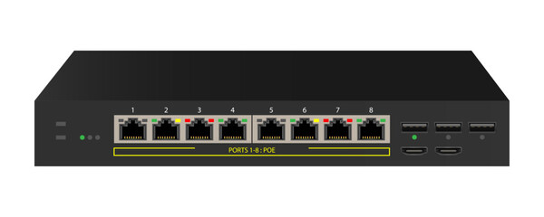 Network Switch. The ethernet switch with 8 ports, POE Port, Gigabit Port. Vector illustration.