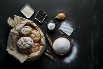 Fresh bread and buns flour sprinkled from the white paper bag measuring cup and ears of wheat kitchen Captured from above top view flat lay on black chalkboard background Layout with free text space 