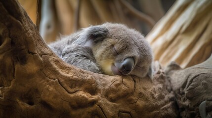  a baby koala sleeping in a tree with its head on a branch.  generative ai