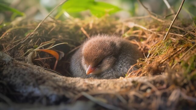  a baby bird is sitting in the nest of a tree.  generative ai