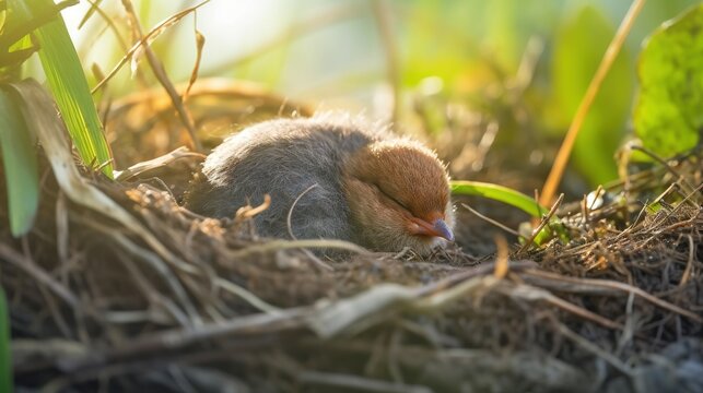  a baby bird is sleeping in the grass and grass in the sun.  generative ai