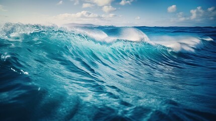  a large wave in the middle of the ocean with a sky background.  generative ai