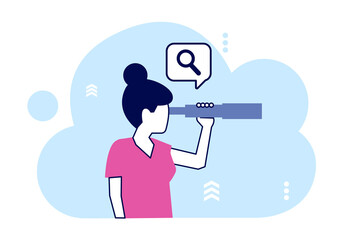 Vector of a young woman looking into spyglass searching new opportunities